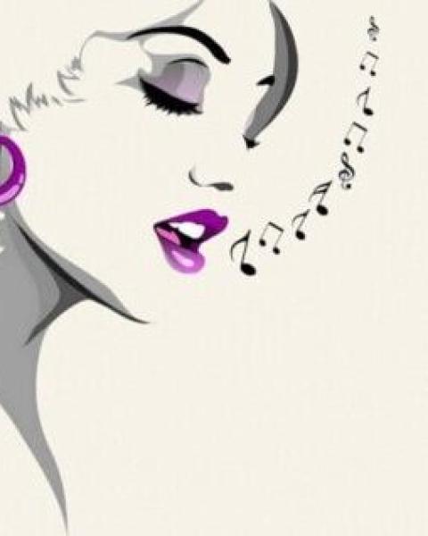 Illustrazione di profilo di donna che canta, con note musicali e trucco viola.