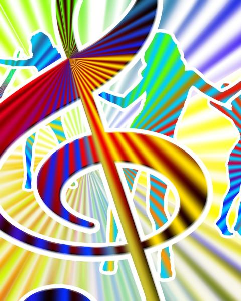 Sagome danzanti colorate con una chiave di violino su sfondo a raggi multicolori.
