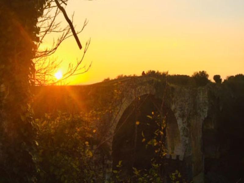Tramonto dorato su un antico ponte circondato dalla natura.